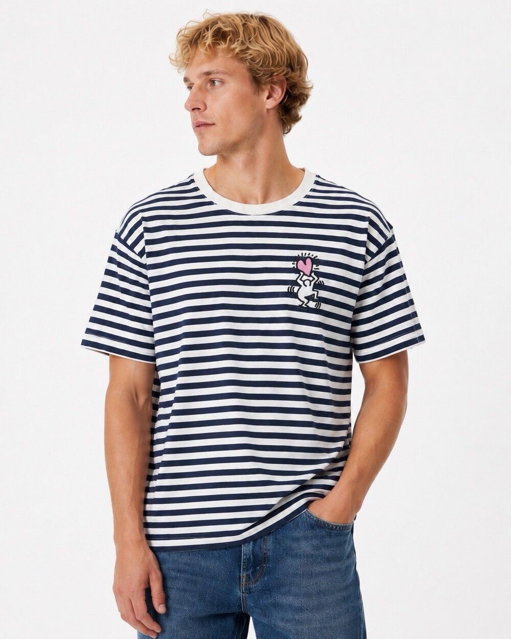 Keith Haring Shirt Men's Large Striped Short Sleeves Embroidered Logo Cotton On